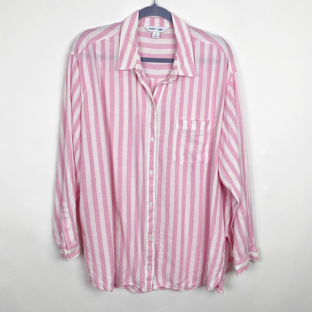 Old Navy The Boyfriend Linen Blend Striped Button Down Shirt Women XL Pink White